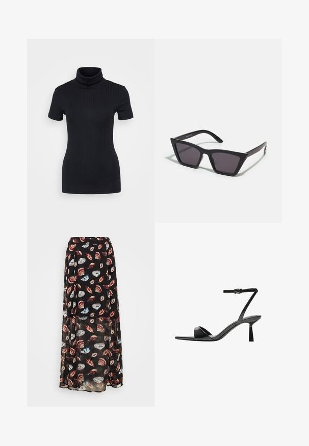 Zwart geribbelde coltrui, korte mouwen, slank ontwerp, zachte textuur, minimale naden en een hoge kraag.; Maxi rok van zwart doorschijnend materiaal versierd met kleurrijke schelp patronen. Heeft een elastische taille en een gelaagd ontwerp voor extra flow en beweging.; Bershka Sandalen met hoge hak - black; Zwarte, hoekige zonnebril met grijze lenzen; gemaakt van plastic, met dikke armen met een gladde oppervlakte en zonder zichtbare hardware.; Zwarte leren handtas met een ronde, contoure vorm, voorzien van een slotsluiting in goudkleur en een enkele verstelbare schouderband. Gladde textuur.