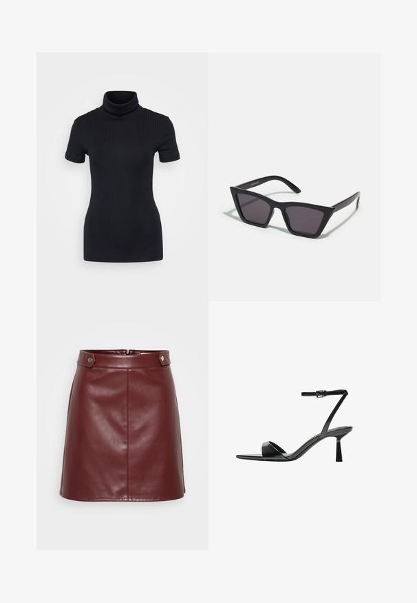 Sorte ribbede turtleneck top, korte ærmer, tætsiddende design, blød tekstur, minimale sømme og en høj krave.; Bordeaux faux læder mini-nederdel med en struktureret talje, frontlynlås og metaltrykknapper, der har en glat, blank tekstur.; Bershka Højhælede sandaletter / Højhælede sandaler - black; Sorte, kantede solbriller med grå linser; lavet af plast, med tykke stænger med en glat overflade og ingen synlig hardware.; Sort læderhandtaske med en afrundet, kontureret form, der har en lås i guld tone og en enkelt justerbar skulderrem. Glat tekstur.