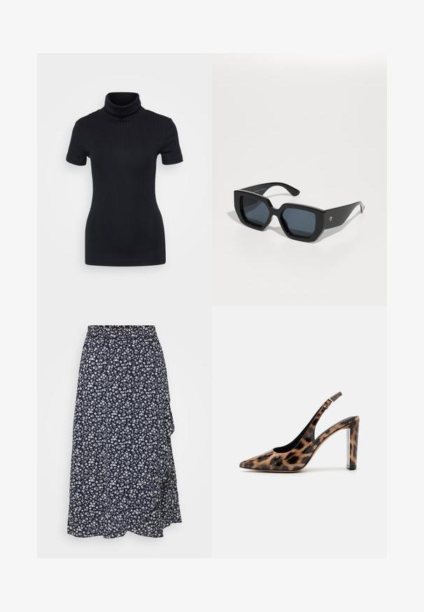 Juodas raštuotas turtlenekas, trumpomis rankovėmis, prigludusi konstrukcija, minkšta tekstūra, minimalus siūlių skaičius ir aukšta apykaklė.; Tamsiai mėlyna gėlėta sijonas su surinktu elastingu juosmeniu, su baltų gėlių raštu, lengvas audinys ir laisvas siluetas.; Leopardų rašto slingback aukštakulniai su smailiu priekiu ir skaidriu blokuotu kulnu. Pagaminti iš blizgaus medžiagos su glotnia tekstūra.; Juodos didelės saulės akinių su geometriniu raštu, stačiakampiais objektyvais ir blizgiu paviršiumi. Nėra matomo prekės ženklo priekyje.
