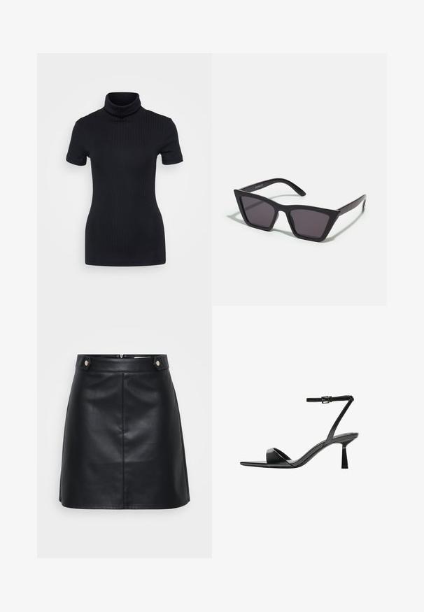 Musta ribbed poolikaeluse top, lühikesed varrukad, keha külge liibuv disain, pehme tekstuur, minimaalsed õmblused ja kõrge krae.; Mustat nahkahame, jossa on tiukka malli, kaksi etutaskua kultasävyisellä varusteella ja vetoketjukiinnitys takana. Tasainen pinta.; Bershka Korolliset sandaalit - black; Mustat, kulmikkaat aurinkolasit harmailla linsseillä; valmistettu muovista, paksuilla varsilla, joissa on sileä pinta ja ilman näkyvää metalliosaa.; Mustahar negro de piel con una forma redondeada y contorneada, que presenta un cierre de candado en tono dorado y una sola correa ajustable. Textura suave.