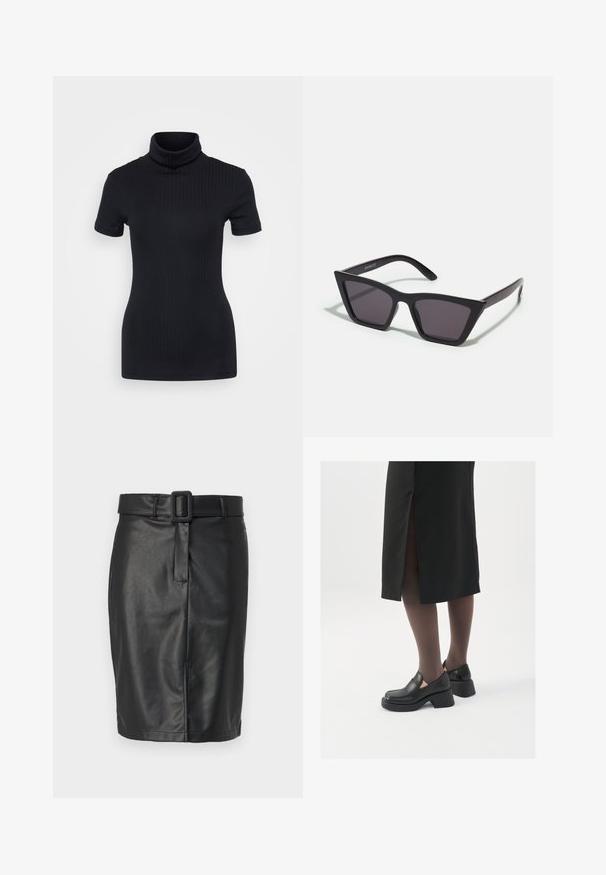 Top preto de gola alta, de manga curta, com um design ajustado, textura suave, costuras mínimas e uma gola alta.; Saia de couro preta com um ajuste slim, apresentando um fivela de cinto larga, textura suave e uma bainha reta que termina acima do joelho.; Sapatos de couro pretos com bico arredondado, salto bloco grosso e detalhes elásticos laterais, combinados com meias escuras e uma saia preta com uma abertura.; Óculos de sol pretos, angulares, com lentes cinzas; feitos de plástico, apresentando hastes grossas com uma superfície lisa e sem hardware visível.