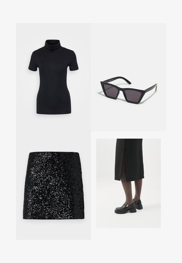 Juodas raštuotas turtlenekas, trumpomis rankovėmis, prigludusi konstrukcija, minkšta tekstūra, minimalus siūlių skaičius ir aukšta apykaklė.; Juoda pailga sijonas su tekstūruotais paviršiais, turintis gradientinį raštą nuo tankių iki retų žėručio, tiesaus kirpimo ir be matomų užsegimų.; Juodos odinės bateliai su apvaliu nosiu, stora blokine pakulne ir elastingais šonais, derinami su tamsiomis pėdkelnėmis ir juoda sijonu su plyšiu.; Juodos, kampuotos saulės akinios su pilkais stiklais; pagaminti iš plastiko, su storomis šakėmis, turinčiomis lygų paviršių ir be matomų detalių.