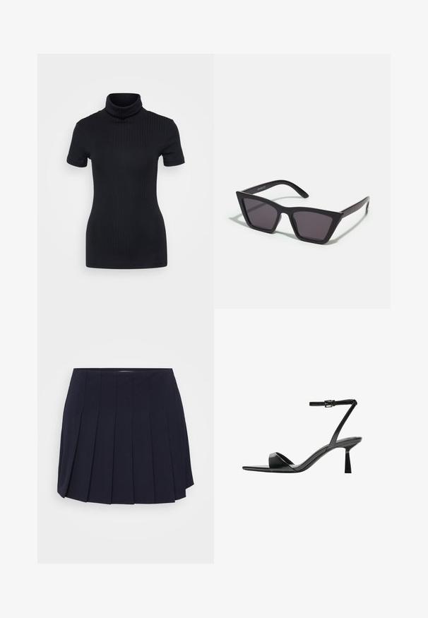 Čierny rebrovaný rolák, krátke rukávy, priliehavý strih, jemná textura, minimálne švy a vysoký golier.; Námornícka plisovaná sukňa vyrobená z hladkej tkaniny. Obsahuje pás a výrazné vertikálne plisovanie, ktoré vytvára štruktúrovaný siluet.; Bershka Sandále na vysokom opätku - black; Čierne, ostré slnečné okuliare so sivými sklami; vyrobené z plastu, majú hrubé ramená s hladkým povrchom a bez viditeľnej mechaniky.; Čierna kožená kabelka s guľatým, tvarovaným dizajnom, vybavená zlatým zámkom a jedným nastaviteľným popruhom. Hladká textúra.