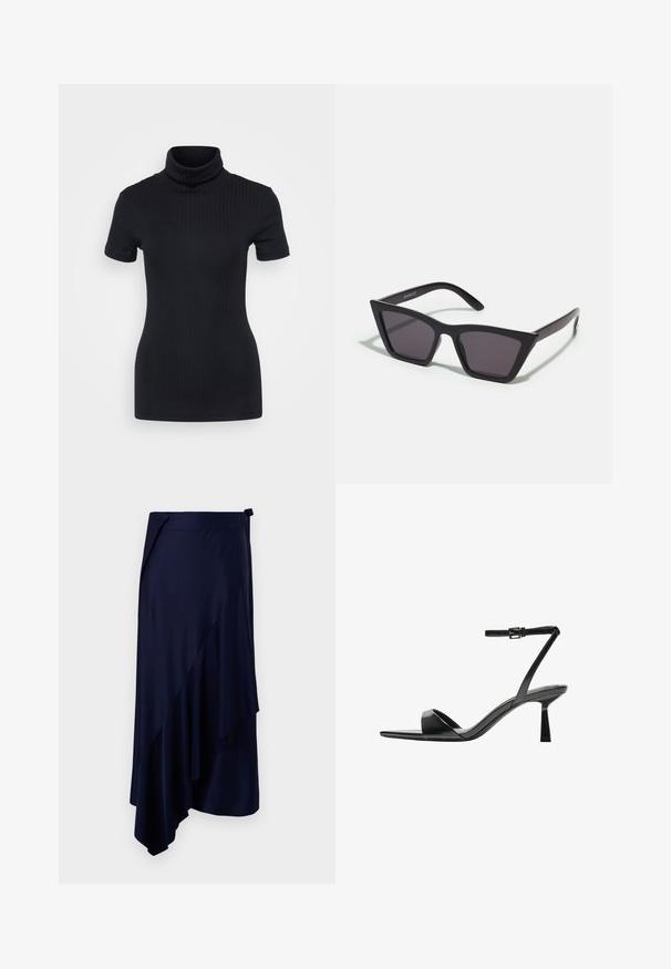 Fekete bordás garbó, rövid ujjú, testhez simuló dizájn, puha tapintás, minimális varrásokkal és magas gallérral.; Rabanne Ceruzaszoknya - deep navy; Bershka Magas sarkú szandálok - black; Fekete, szögletes napszemüveg szürke lencsékkel; műanyagból készült, vastag karokkal, sima felülettel és látható hardver nélkül.; Fekete bőr kézitáska lekerekített, kontúros formával, aranyszínű zárással és egyetlen állítható pánttal. Sima felület.