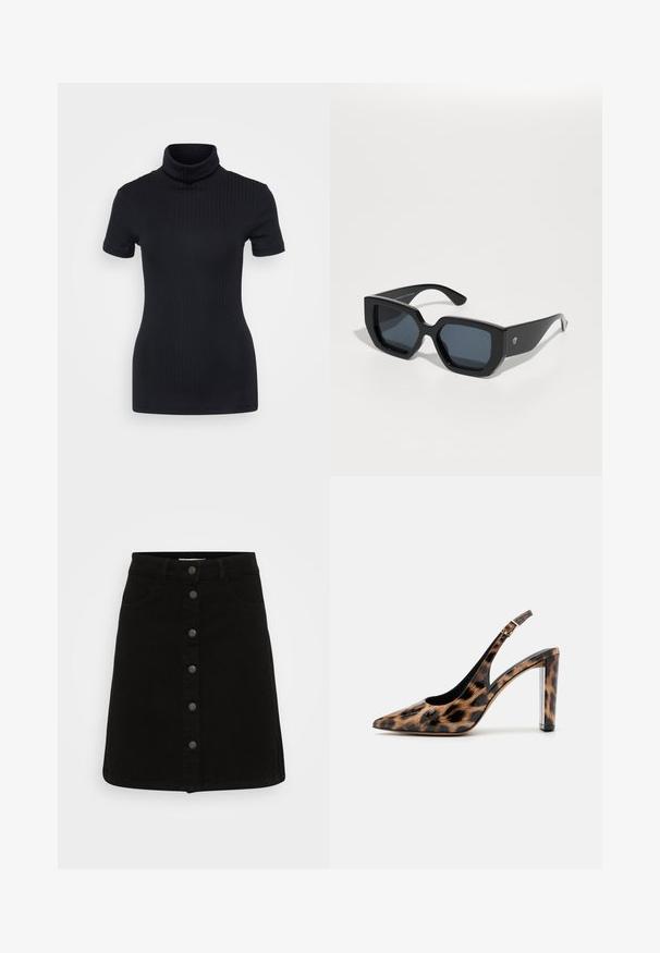 Top de cuello alto negro con acanalado, de manga corta, diseño ajustado, textura suave, costuras mínimas y un cuello alto.; Falda de mezclilla negra con cierre de botones en la parte delantera, dos bolsillos frontales y silueta recta. Textura suave con un dobladillo limpio.; Zapato de salón con estampado de leopardo y tacón de bloque transparente. Fabricado con material brillante y textura suave.; Gafas de sol negras de gran tamaño con un diseño geométrico, lentes rectangulares y un acabado brillante. Sin marca visible en la parte frontal.