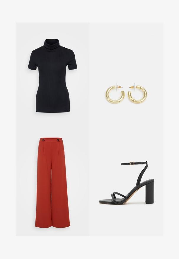 Black ribbed turtleneck top, short sleeves, form-fitting design, soft texture, minimal seams, and a high collar.; Wide-leg trousers in a deep reddish-orange fabric. Features two front pleats and two buttons on the waistband. Smooth texture, casual design.; Black leather high-heeled sandal with a square toe, two narrow straps across the foot, and an ankle strap featuring a gold buckle.; Gold hoop earrings with a smooth, shiny finish. Circular design featuring a small post and clear backing for secure wear.