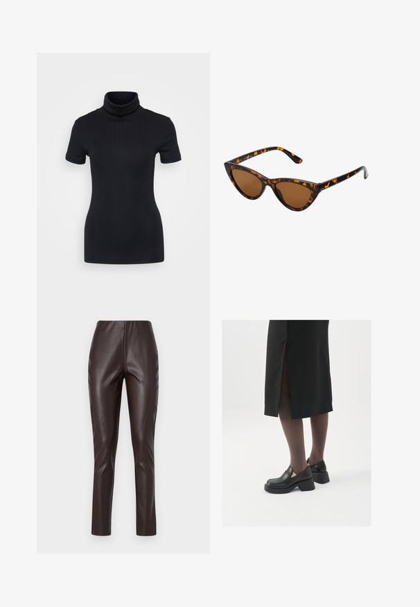 Maglione a collo alto nero a coste, maniche corte, design aderente, texture morbida, cuciture minime e colletto alto.; Leggings in finta pelle marrone con una texture liscia, vita alta e vestibilità slim. Presentano un design elegante senza cuciture visibili o decorazioni.; Scarpe in pelle nera con punta arrotondata, tacco spesso a blocco e accenti laterali in elastico, abbinate a collant scuri e una gonna nera con uno spacco.; Occhiali da sole cat-eye con una montatura tartarugata nera e arancione, lenti marroni e punte affusolate e eleganti. Presentano un logo minimale sulla asta.