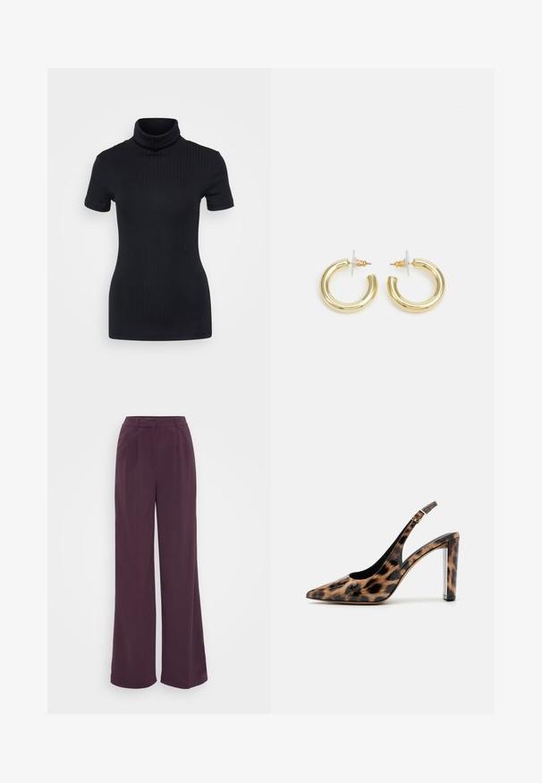 Haut à col roulé noir, manches courtes, design ajusté, texture douce, coutures minimales et un col montant.; Pantalons à jambes larges en tissu violet profond. Dotés d'une taille ajustée avec des plis. Texture lisse sans motifs ni accessoires visibles.; Escarpin à dos nu en imprimé léopard avec un bout pointu et un talon bloc transparent. Fabriqué en matériau brillant avec une texture lisse.; Boucles d'oreilles en or avec une finition lisse et brillante. Design circulaire présentant un petit clou et une attache transparente pour un port sécurisé.