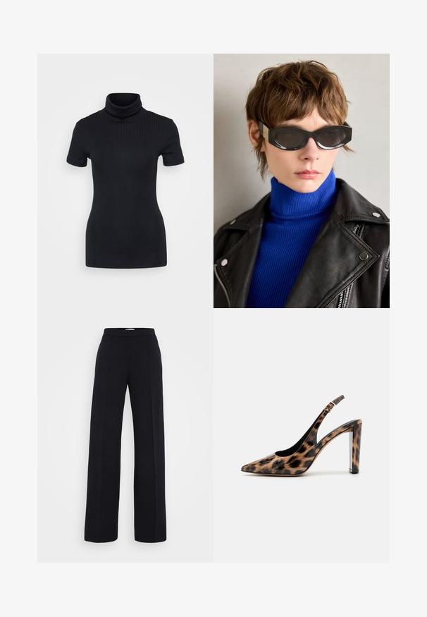 Svart ribbad polotröja, korta ärmar, figurnära design, mjuk textur, minimalt med sömmar och hög krage.; Svarta vida byxor med en mjuk textur, med hög midja och mittsömmar. Tillverkade av lättviktig tyg.; Leopardmönstrad slingback-pump med spetsig tå och transparent blockklack. Tillverkad av glansigt material med en slät textur.; Svarta solglasögon med rundade kanter och tonade linser. Har detaljer i guld på skalmarna. Bärs med en blå ribbad polotröja och läderjacka.
