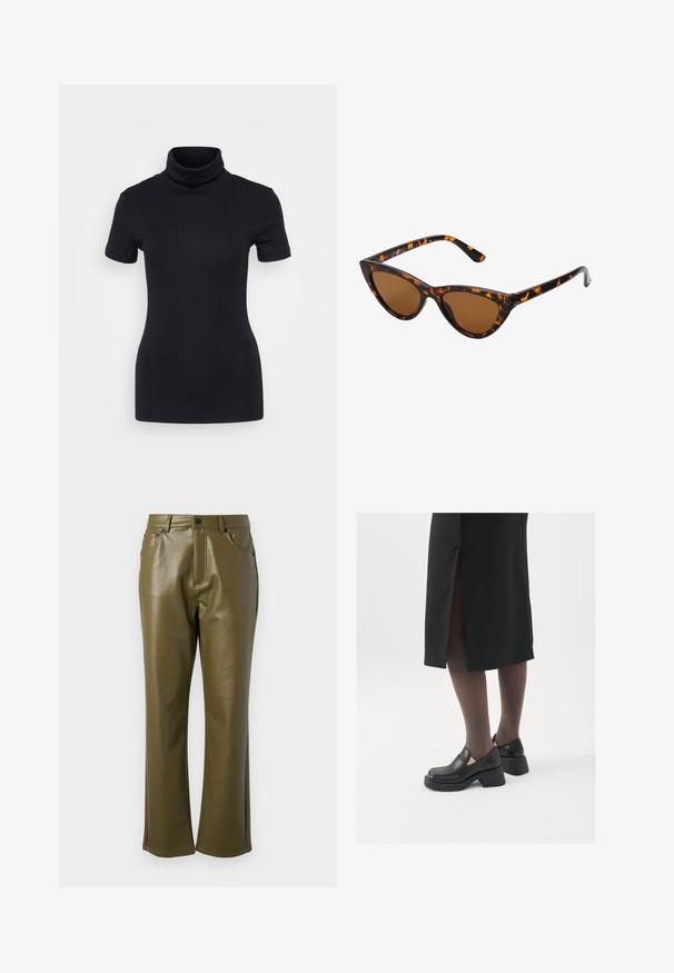 Haut à col roulé noir, manches courtes, design ajusté, texture douce, coutures minimales et un col montant.; Pantalon en simili cuir vert olive avec une coupe droite. Dispose de poches avant et d'une fermeture éclair avec un bouton en métal. Texture lisse.; Chaussures noires en cuir avec un bout arrondi, un épais talon bloc et des accents latéraux élastiques, associées à des bas foncés et une jupe noire avec une fente.; Lunettes de soleil style œil de chat avec une monture en écaille de tortue noire et orange, verres marron et pointes effilées et élégantes. Présente un logo minimaliste sur la branche.