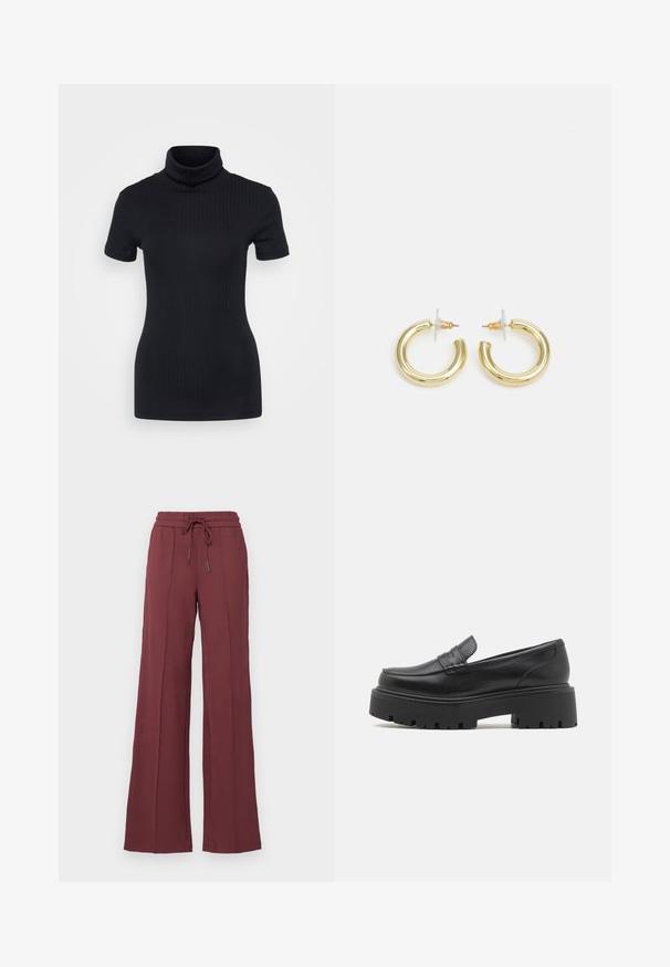 Melnas ribotas turtleneck blūze, īsām piedurknēm, pieguļošs dizains, maiga tekstūra, minimāls šuvju skaits un augsts kakls.; Sarkano relaksēta piegriezuma bikses ar aukliņu viduklī, platām kājām un vertikālām vīlēm. Izgatavotas no mīkstas, vieglas auduma.; Melnas ādas loafer kurpes ar zemu, masīvu gumijas zoli, uz augšas izšūtām detaļām un gludu tekstūru.; Zelta auskari ar gludu, spīdīgu apdari. Apaļš dizains, kas ietver mazu tapu un caurspīdīgu pamatni drošai valkāšanai.