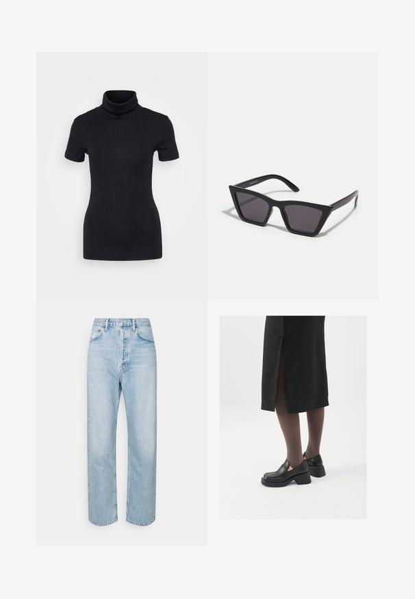 Svart ribbet høyhalset topp, kort ermer, tettsittende design, myk tekstur, minimale sømmer og høy krage.; Lys blå denimjeans med rette ben, høy midje, fem lommer og en lett falmet tekstur. Metallknapp i midjen.; Sorte lærersko med rund tå, tykk blokkheel og elastiske sideaksenter, sammen med mørke strømpebukser og et svart skjørt med splitt.; Svarte, kantete solbriller med grå linser; laget av plast, med tykke stenger som har en glatt overflate og ingen synlige festemidler.