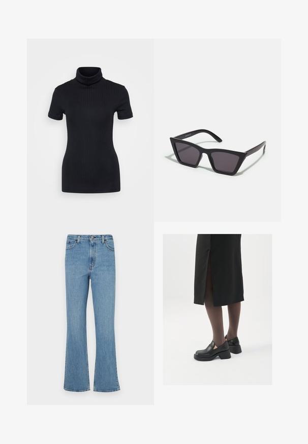 Black ribbed turtleneck top, short sleeves, form-fitting design, soft texture, minimal seams, and a high collar.; Light blue denim flared jeans with a high waist, featuring five pocket styling, belt loops, and a faded finish.; Black leather shoes with a rounded toe, thick block heel, and elastic side accents, paired with dark tights and a black skirt with a slit.; Black, angular sunglasses with gray lenses; made of plastic, featuring thick arms with a smooth surface and no visible hardware.