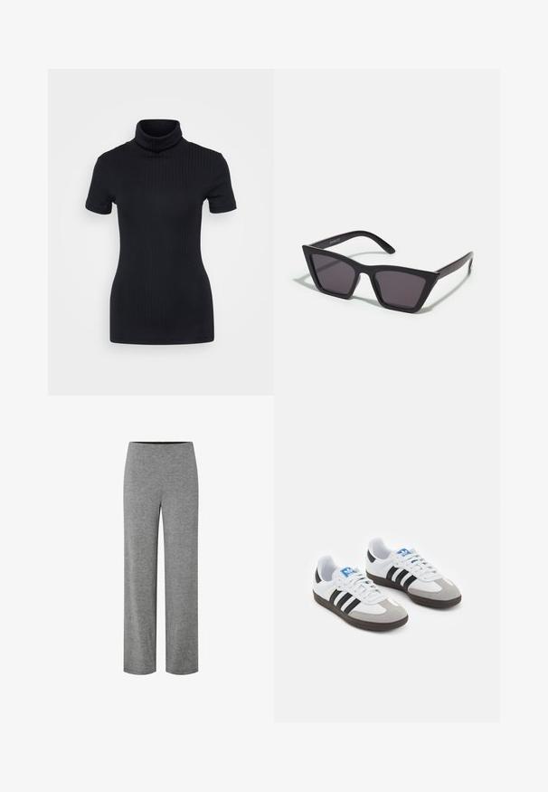 Svart ribbad polotröja, korta ärmar, figurnära design, mjuk textur, minimalt med sömmar och hög krage.; Grå raka stickade byxor med resårmidja, designade för avslappnad eller loungeanvändning.; Sportskor med överdel i vit läder, grå mocka på tårna och tre svarta ränder. Har en blå logotyp på tungan och en texturerad gummisula.; Svarta, vinklade solglasögon med grå linser; tillverkade av plast, med tjocka skalmar med en slät yta och utan synlig hårdvara.