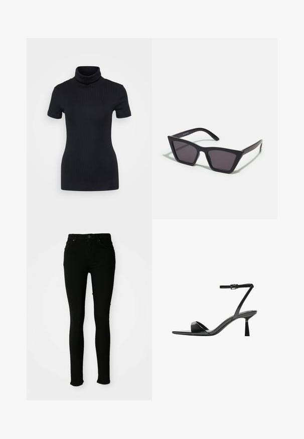 Crna rebrasta majica s visokim ovratnikom, kratki rukavi, oblikovani kroj, mekana tekstura, minimalni šavovi.; Crne uske traperice napravljene od denima s glatkom teksturom, s kopčanjem na gumb, petljama za remen i bez vidljivih oštećenja.; Bershka Sandale s visokom petom - black; Crne, uglaste sunčane naočale sa sivoj lećama; izrađene od plastike, imaju debele nogice s glatkom površinom i bez vidljivih metalnih dijelova.; Crna kožna torba s zaobljenim, konturiranim oblikom, koja ima zatvaranje na zlatnu bravu i jednu podesivu trakicu. Glatka tekstura.