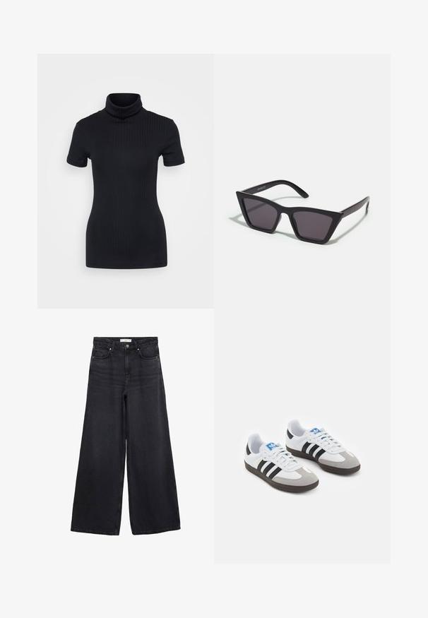 Črna rebrasta majica s turtleneck ovratnikom, kratkimi rokavi, prilegnjenim dizajnom, mehkimi vlakni, minimalnimi šivi in visokim ovratnikom.; Črne široke jeans hlače iz denima, z visokim pasom, sprednjimi žepi in klasičnim šivom ob šivih.; Športni čevlji z belim usnjenim zgornjim delom, sivim semišem na prstih in tremi črnimi črtami. Imajo modro logo na jeziku in teksturiran gumijast podplat.; Črne, angularne sončne očala z sivimi lečami; izdelana iz plastike, imajo debele ročke z gladko površino in brez vidne opreme.; Mango Torbica - black