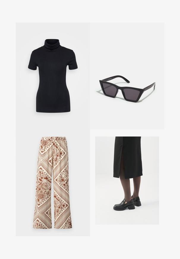 Čierny rebrovaný rolák, krátke rukávy, priliehavý strih, jemná textura, minimálne švy a vysoký golier.; Široké nohavice v krémovej látke s hnedým kvetinovým vzorom a geometrickými motívmi, elastický pás a hladká textúra.; Čierne kožené topánky s okrúhlou špičkou, silným blokovým opätkom a elastickými bočnými akcentmi, skombinované s tmavými pančuchami a čiernou sukňou so štiepením.; Čierne, ostré slnečné okuliare so sivými sklami; vyrobené z plastu, majú hrubé ramená s hladkým povrchom a bez viditeľnej mechaniky.