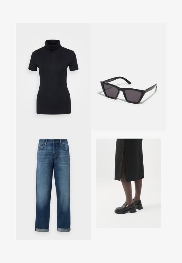 Top preto de gola alta, de manga curta, com um design ajustado, textura suave, costuras mínimas e uma gola alta.; Jeans de denim numa lavagem azul média com um corte reto, apresentando punhos dobrados e um desgaste mínimo. Estilo clássico de cinco bolsos.; Sapatos de couro pretos com bico arredondado, salto bloco grosso e detalhes elásticos laterais, combinados com meias escuras e uma saia preta com uma abertura.; Óculos de sol pretos, angulares, com lentes cinzas; feitos de plástico, apresentando hastes grossas com uma superfície lisa e sem hardware visível.