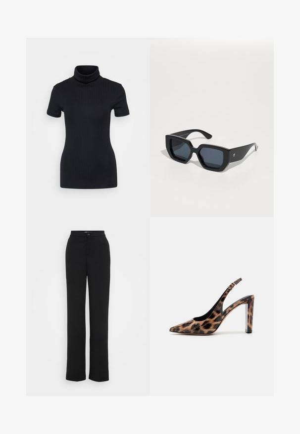 Melnas ribotas turtleneck blūze, īsām piedurknēm, pieguļošs dizains, maiga tekstūra, minimāls šuvju skaits un augsts kakls.; Melni taisni bikses, izgatavotas no viegla auduma, ar pogu aizdari un minimālistisku dizainu bez redzamām rakstām un akcentiem.; Lāču raksta slingback kurpes ar norādītu purngalu un caurspīdīgu bloku papēdi. Izgatavotas no spīdīgas masas ar gludu tekstūru.; Melnas lielas saulesbrilles ar ģeometrisku dizainu, taisnstūrveida lēcas un spīdīgu apdari. Uz priekša nav redzama zīmola.