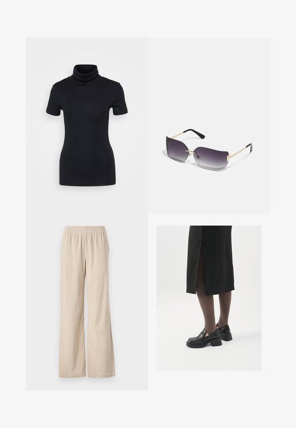 Schwarzes geripptes Rollkragenoberteil, kurze Ärmel, figurbetontes Design, weiche Textur, minimale Nähte und ein hoher Kragen.; Beige Cord-Ripp-Hosen mit weitem Bein, einem elastischen Bund und vertikaler Rippstruktur, die am Saum sanft ausgestellt sind.; Schwarze Lederschuhe mit abgerundetem Zeh, dicker Blockabsatz und elastischen seitlichen Akzenten, kombiniert mit dunklen Strumpfhosen und einem schwarzen Rock mit Schlitz.; Sonnenbrille mit grauem Verlaufslinse, goldfarbigem Metallrahmen und schwarzen Kunststoffakzenten. Einzigartige, schmetterlingsförmige Gläser mit dünnen Bügeln.; Goldene Creolen mit einer glatten, glänzenden Oberfläche. Zirkuläres Design mit einem kleinen Stecker und einer klaren Rückseite für einen sicheren Sitz.