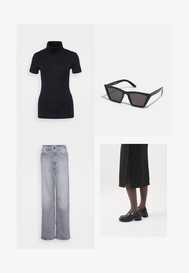 Juodas raštuotas turtlenekas, trumpomis rankovėmis, prigludusi konstrukcija, minkšta tekstūra, minimalus siūlių skaičius ir aukšta apykaklė.; ONLY Tall ONLJUICY WIDE LEG - Platėjantys džinsai - medium grey denim; Juodos odinės bateliai su apvaliu nosiu, stora blokine pakulne ir elastingais šonais, derinami su tamsiomis pėdkelnėmis ir juoda sijonu su plyšiu.; Juodos, kampuotos saulės akinios su pilkais stiklais; pagaminti iš plastiko, su storomis šakėmis, turinčiomis lygų paviršių ir be matomų detalių.