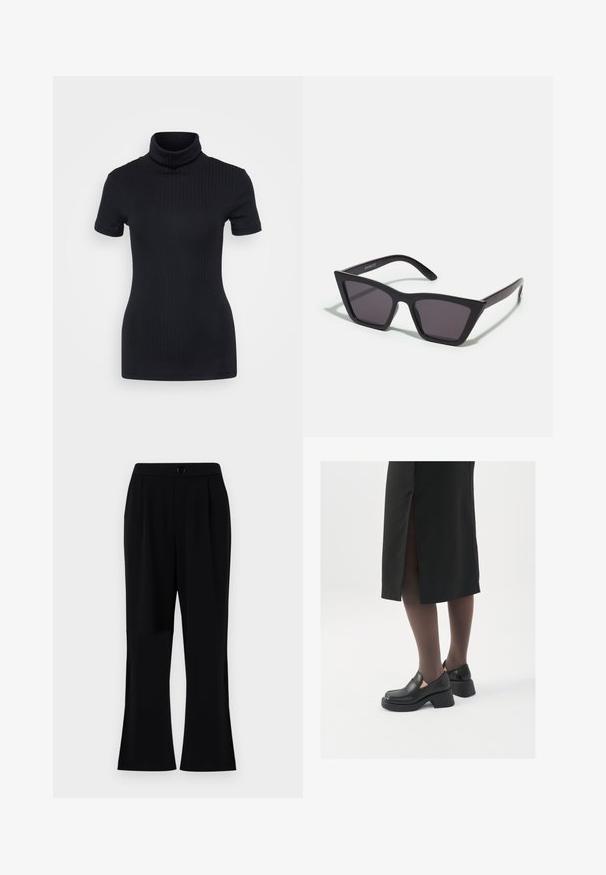 Svart ribbet høyhalset topp, kort ermer, tettsittende design, myk tekstur, minimale sømmer og høy krage.; Sorte bukser med en glat tekstur, vide ben og en linning med knaplukning. Maskinvaskbare, designet til komfort og alsidighed.; Sorte lærersko med rund tå, tykk blokkheel og elastiske sideaksenter, sammen med mørke strømpebukser og et svart skjørt med splitt.; Svarte, kantete solbriller med grå linser; laget av plast, med tykke stenger som har en glatt overflate og ingen synlige festemidler.