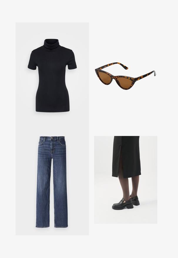 Μαύρη ριγωτή μπλούζα τύπου τζόκερ, κοντά μανίκια, εφαρμοστή γραμμή, μαλακή υφή, ελάχιστες ραφές και ψηλή κολάρο.; Σκουρομπλε τζιν παντελόνι με ίσια γραμμή, που διαθέτει κουμπωτή κλείσιμο, πέντε τσέπες και ήπια φθορά στο μπροστινό μέρος.; Μαύρα δερμάτινα παπούτσια με στρογγυλή μύτη, χοντρό τετράγωνο τακούνι και ελαστικές πλάγιες λεπτομέρειες, συνδυασμένα με σκούρες καλσόν και μια μαύρη φούστα με σχίσιμο.; Γυαλιά ηλίου τύπου cat-eye με μαύρο και πορτοκαλί καβούκι, καφέ φακούς και κομψές, μυτερές άκρες. Φέρουν ένα μίνιμο λογότυπο στο βραχίονα.
