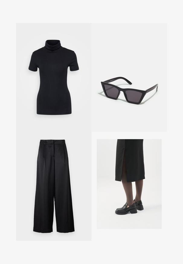 Čierny rebrovaný rolák, krátke rukávy, priliehavý strih, jemná textura, minimálne švy a vysoký golier.; Čierne široké nohavice vyrobené z hladkej tkaniny, s vysokým pásom, prednými sklady a voľným strihom. Jednoduchý, čistý dizajn bez vzorov.; Čierne kožené topánky s okrúhlou špičkou, silným blokovým opätkom a elastickými bočnými akcentmi, skombinované s tmavými pančuchami a čiernou sukňou so štiepením.; Čierne, ostré slnečné okuliare so sivými sklami; vyrobené z plastu, majú hrubé ramená s hladkým povrchom a bez viditeľnej mechaniky.; Strieborné kruhové náušnice s minimalistickým dizajnom. Cirkulárny tvar, hladký povrch a tenký profil. Ľahké s lesklým povrchom.