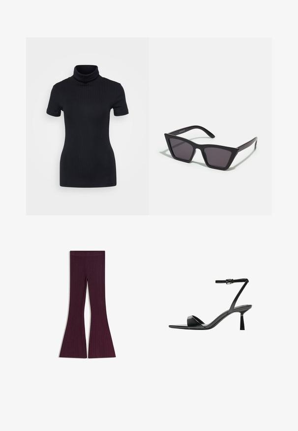 Zwart geribbelde coltrui, korte mouwen, slank ontwerp, zachte textuur, minimale naden en een hoge kraag.; Uitlopende leggings in een rijke bordeauxrode kleur, met een gestructureerd ribbelontwerp en een veilige, rekbare tailleband voor comfort en pasvorm.; Bershka Sandalen met hoge hak - black; Zwarte, hoekige zonnebril met grijze lenzen; gemaakt van plastic, met dikke armen met een gladde oppervlakte en zonder zichtbare hardware.; Zwarte leren handtas met een ronde, contoure vorm, voorzien van een slotsluiting in goudkleur en een enkele verstelbare schouderband. Gladde textuur.