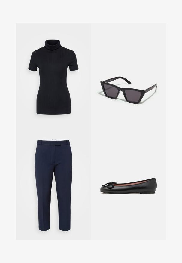 Top de cuello alto negro con acanalado, de manga corta, diseño ajustado, textura suave, costuras mínimas y un cuello alto.; Pantalones ajustados azul marino de tejido liso, con un diseño de frente plano, presillas para cinturón y corte recto.; Bailarinas de cuero negro con punta redonda, presentan un lazo decorativo y una textura lisa. Diseño minimalista con una suela baja y plana.; Gafas de sol negras y angulares con lentes grises; fabricadas en plástico, con varillas gruesas de superficie suave y sin herrajes visibles.; Aretes de aro de oro con un acabado suave y brillante. Diseño circular que presenta un pequeño post y un respaldo transparente para un uso seguro.