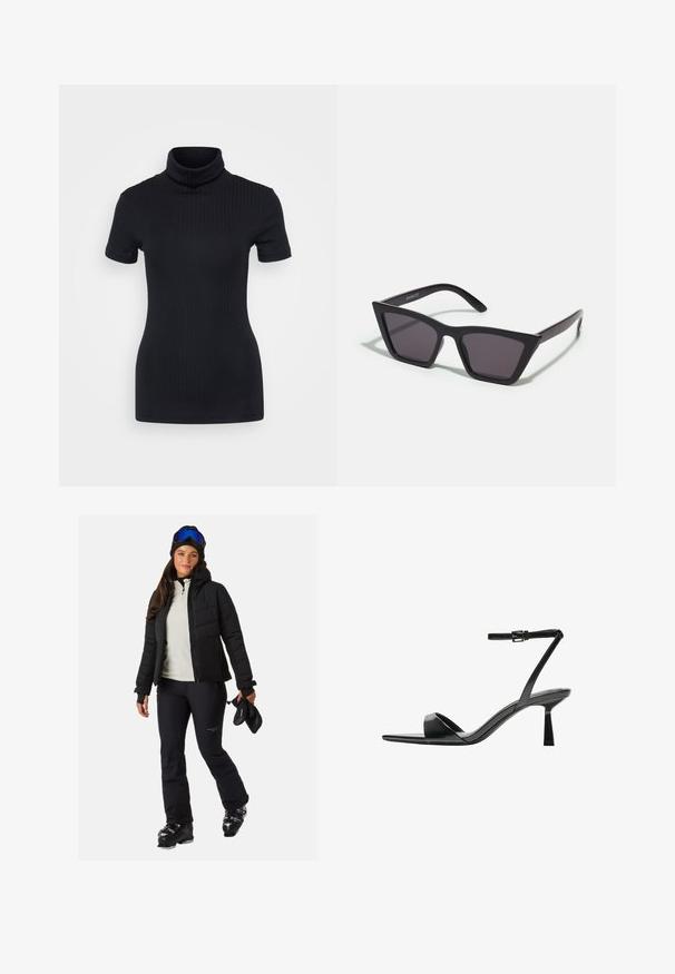 Black ribbed turtleneck top, short sleeves, form-fitting design, soft texture, minimal seams, and a high collar.; Black puffer jacket, light-colored zip-up top, black ski pants, black ski boots, carrying ski gloves, wearing a beanie and goggles.; Bershka High heeled sandals - black; Black, angular sunglasses with gray lenses; made of plastic, featuring thick arms with a smooth surface and no visible hardware.; Black leather handbag with a rounded, contoured shape, featuring a gold-tone lock closure and a single adjustable strap. Smooth texture.