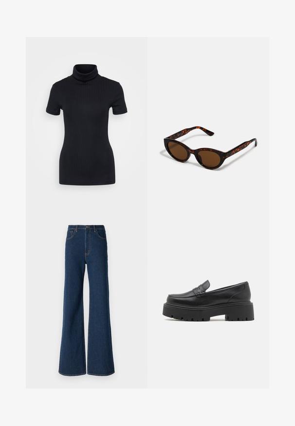 Mustmustriibuline kõrge kaelusega t-särk, lühikesed varrukad, keha ümber vormitud disain, pehme tekstuur, vähe õmblusi.; Abercrombie & Fitch Avar lõikega teksad - rinse; Mustad mustad nahast loaferid madala, tükkidega kummitaldaga, ülaosas tikitud detailide ja siledaga tekstuuriga.; Pruunid kilpkonnamustriga päikeseprillid, mille vintage-kassikujuline kuju ja pruunid läätsed. Omavad kaardus varsi punaste aktsentidega.; Must värvi hobo kott, mis on valmistatud siledast nahataolisest materjalist, keeratud käepidemega, pehme ja ümar kuju ning ülemise tõmblukuga sulgur.; Kuldne rõngassõrmused sileda ja läikiva viimistlusega. Ringikujuline disain, millel on väike post ja selge tagumine külg, et tagada kindel kandmine.