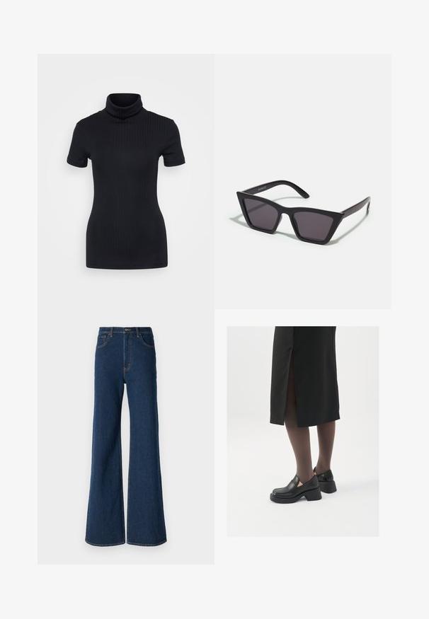 Zwart geribbelde coltrui, korte mouwen, slank ontwerp, zachte textuur, minimale naden en een hoge kraag.; Abercrombie & Fitch Relaxed fit jeans - rinse; Zwarte leren schoenen met een ronde neus, dikke blokhak en elastische zijkanten, gecombineerd met donkere panty's en een zwarte rok met een split.; Zwarte, hoekige zonnebril met grijze lenzen; gemaakt van plastic, met dikke armen met een gladde oppervlakte en zonder zichtbare hardware.; Gouden creolen met een gladde, glanzende afwerking. Circulaire vormgeving met een kleine post en een doorzichtige achterkant voor een veilige draagervaring.