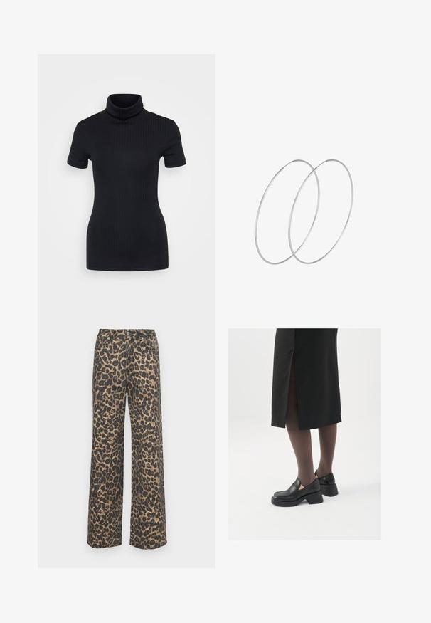 Mustmustriibuline kõrge kaelusega t-särk, lühikesed varrukad, keha ümber vormitud disain, pehme tekstuur, vähe õmblusi.; Leopardimusteriga laiad püksid puuvilla segust. Omab kõrget vööd, eespooltaskuid ja kontrastset musta ja pruuni mustrit. Kitsas, sirge lõige.; Mustad mustad jalatsid ümmarguse varbaga, paksu plokkniidi ja elastsete külgdetailidega, kombineeritud tumedate sukkade ja musta lõhikuga seelikuga.; Hõbedased rõngastikkaehingad minimalistlikus disainis. Ümar kuju, sile tekstuur ja õhuke profiil. Kerged ning poleeritud viimistlusega.