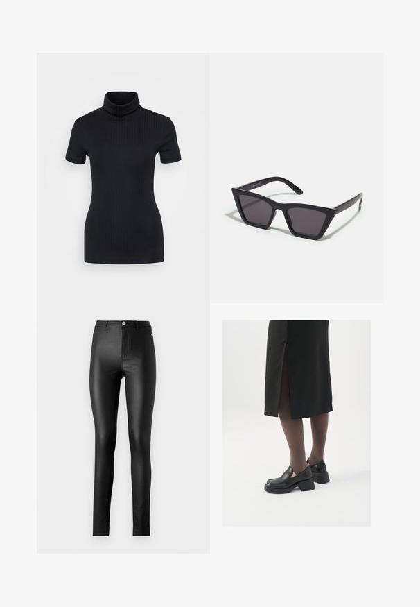 Svart ribbet høyhalset topp, kort ermer, tettsittende design, myk tekstur, minimale sømmer og høy krage.; ONLY ONLELSIE LIFE - Leggings - black; Sorte lærersko med rund tå, tykk blokkheel og elastiske sideaksenter, sammen med mørke strømpebukser og et svart skjørt med splitt.; Svarte, kantete solbriller med grå linser; laget av plast, med tykke stenger som har en glatt overflate og ingen synlige festemidler.