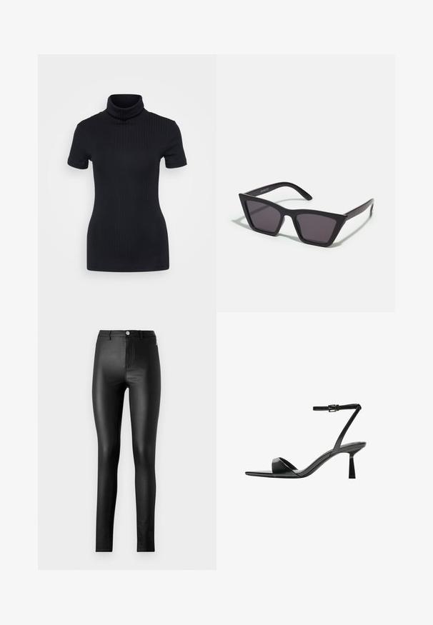 Zwart geribbelde coltrui, korte mouwen, slank ontwerp, zachte textuur, minimale naden en een hoge kraag.; ONLY ONLELSIE LIFE - Legging - black; Bershka Sandalen met hoge hak - black; Zwarte, hoekige zonnebril met grijze lenzen; gemaakt van plastic, met dikke armen met een gladde oppervlakte en zonder zichtbare hardware.; Zwarte leren handtas met een ronde, contoure vorm, voorzien van een slotsluiting in goudkleur en een enkele verstelbare schouderband. Gladde textuur.