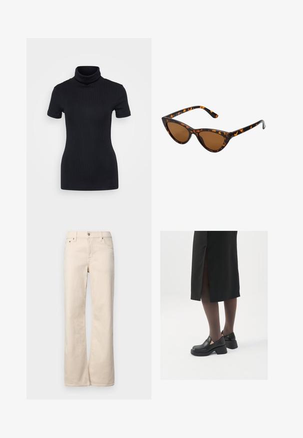 Črna rebrasta majica s turtleneck ovratnikom, kratkimi rokavi, prilegnjenim dizajnom, mehkimi vlakni, minimalnimi šivi in visokim ovratnikom.; Bež hlače s širokimi nogavicami in klasičnim pet-pocket dizajnom, ki vključujejo gumb in zadrgo ter mehko, teksturirano bombažno blago.; Črne usnjene čevlje s zaobljenim prstom, debelim blokastim petama in elastičnimi stranskimi detajli, v kombinaciji s temno nogavicami in črno krilo z razporkom.; Mačje oči sončna očala z okvirom v črno-oranžni želvej ohišji, rjavimi lečami in elegantnimi, ostrimi konicami. Imajo minimalistični logo na ročaju.