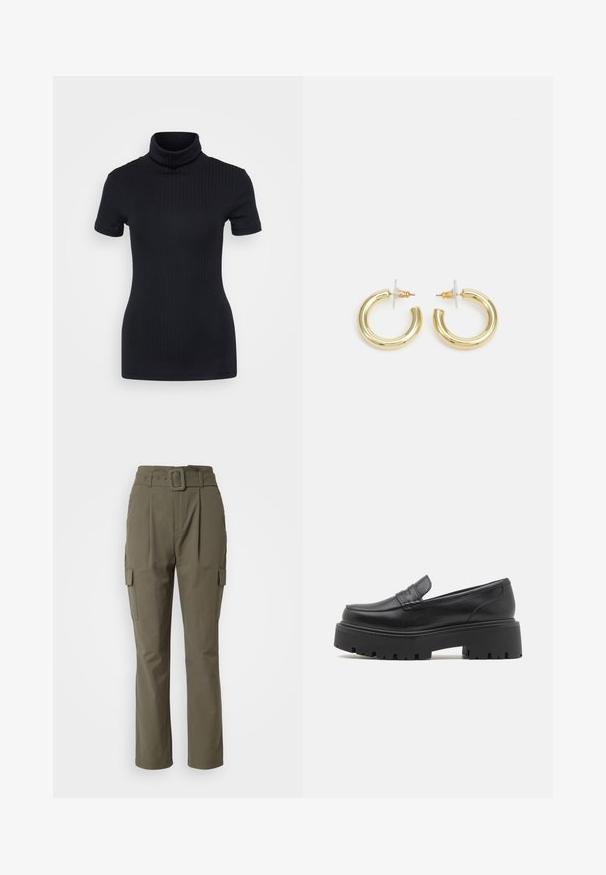 Zwart geribbelde coltrui, korte mouwen, slank ontwerp, zachte textuur, minimale naden en een hoge kraag.; Olijfgroene cargobroek met een ceintuur, rechte benen, twee zijzakken en een gladde stofstructuur.; Zwarte leren instappers met een lage, dikke rubberen zool, gestikte details op de bovenkant en een gladde textuur.; Gouden creolen met een gladde, glanzende afwerking. Circulaire vormgeving met een kleine post en een doorzichtige achterkant voor een veilige draagervaring.