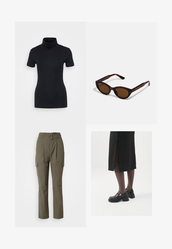 Schwarzes geripptes Rollkragenoberteil, kurze Ärmel, figurbetontes Design, weiche Textur, minimale Nähte und ein hoher Kragen.; Olivgrüne Cargo-Hosen mit einem gebänderten Bund, geraden Beinen, zwei Seitentaschen und einer glatten Stoffstruktur.; Schwarze Lederschuhe mit abgerundetem Zeh, dicker Blockabsatz und elastischen seitlichen Akzenten, kombiniert mit dunklen Strumpfhosen und einem schwarzen Rock mit Schlitz.; Braune Schildpatt-Sonnenbrille mit einer Vintage-Cat-Eye-Form und braunen Gläsern. Verfügt über gebogene Bügel mit roten Akzenten.; Goldene Creolen mit einer glatten, glänzenden Oberfläche. Zirkuläres Design mit einem kleinen Stecker und einer klaren Rückseite für einen sicheren Sitz.