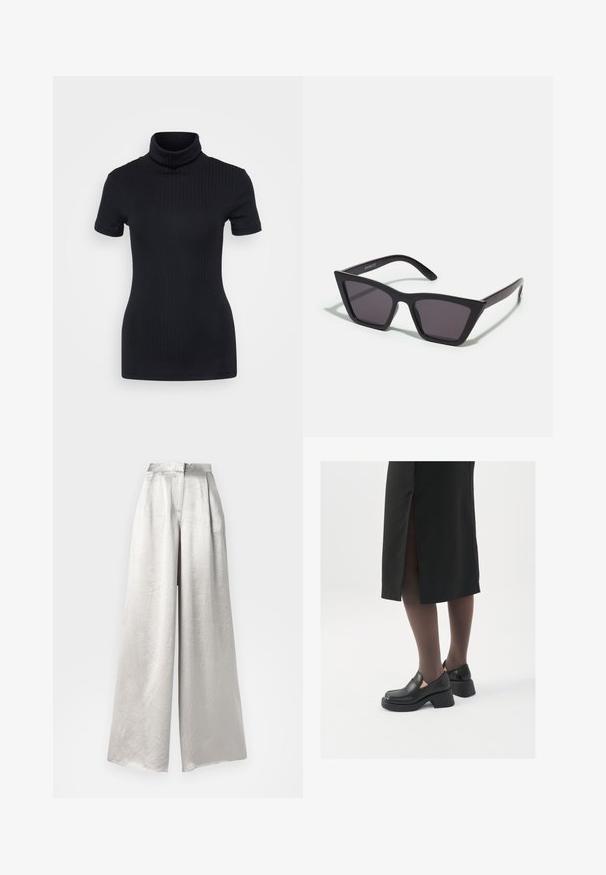 Top negru din tricot cu guler înalt, mâneci scurte, design mulat, textură moale, cusături minime.; Pantaloni largi dintr-un material texturat plisat, de culoare argintie, având talie înaltă și închidere cu fermoar la spate.; Pantofi din piele neagră cu vârful rotund, toc bloc gros și accente elastice pe lateral, asortați cu colanți închiși la culoare și o fustă neagră cu o fanta.; Ochelari de soare negri, unghiulari, cu lentile gri; fabricați din plastic, având brațe groase cu o suprafață netedă și fără hardware vizibil.