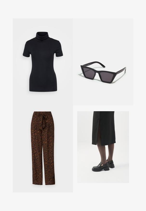 Mustmustriibuline kõrge kaelusega t-särk, lühikesed varrukad, keha ümber vormitud disain, pehme tekstuur, vähe õmblusi.; Pruunid ja oranžid mustrilised püksid, lipsumärgiga vöö, laiad sääred, sile kuma, abstractne leopardimustri tekstuur.; Mustad mustad jalatsid ümmarguse varbaga, paksu plokkniidi ja elastsete külgdetailidega, kombineeritud tumedate sukkade ja musta lõhikuga seelikuga.; Mustad mustrakellad, millel on hallid šabloonid; valmistatud plastist, paksude ja siledate kätega, ilma nähtava riistvarata.