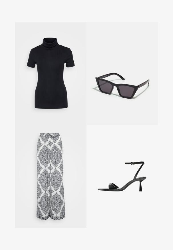 Musta ribbed poolikaeluse top, lühikesed varrukad, keha külge liibuv disain, pehme tekstuur, minimaalsed õmblused ja kõrge krae.; Löysät lahkeet, joissa on mustavalkoinen geometrinen kuvio. Ominaisuuksiin kuuluvat kiristettävä vyötärö, kevyt kangas ja virtaava siluetti.; Bershka Korolliset sandaalit - black; Mustat, kulmikkaat aurinkolasit harmailla linsseillä; valmistettu muovista, paksuilla varsilla, joissa on sileä pinta ja ilman näkyvää metalliosaa.; Mustahar negro de piel con una forma redondeada y contorneada, que presenta un cierre de candado en tono dorado y una sola correa ajustable. Textura suave.