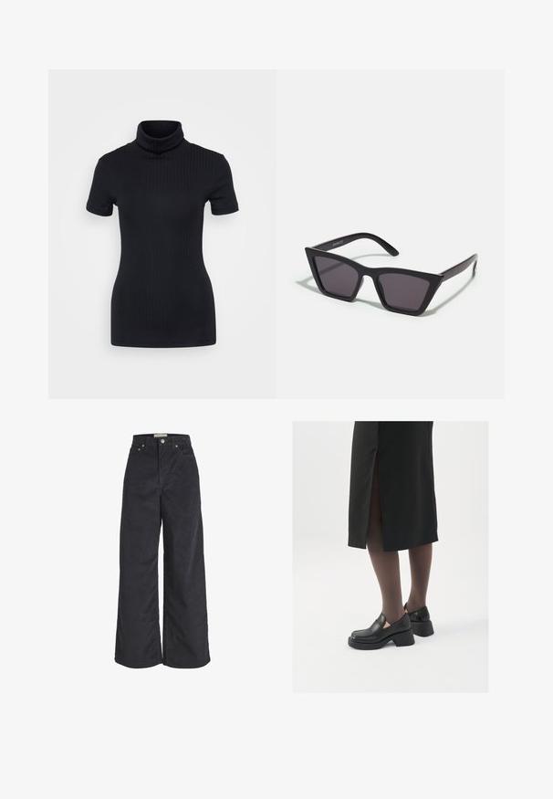 Black ribbed turtleneck top, short sleeves, form-fitting design, soft texture, minimal seams, and a high collar.; Black corduroy wide-leg trousers featuring a high waist, front button closure, and two side pockets. Soft texture and straight silhouette.; Black leather shoes with a rounded toe, thick block heel, and elastic side accents, paired with dark tights and a black skirt with a slit.; Black, angular sunglasses with gray lenses; made of plastic, featuring thick arms with a smooth surface and no visible hardware.