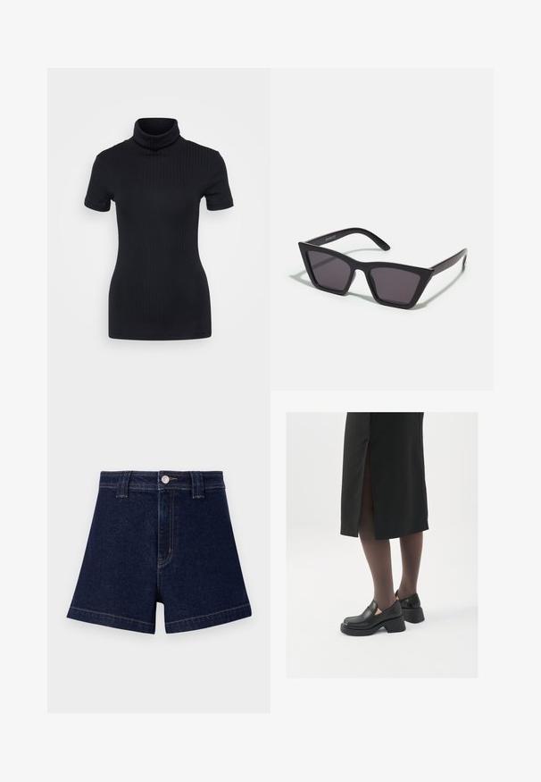 Top preto de gola alta, de manga curta, com um design ajustado, textura suave, costuras mínimas e uma gola alta.; Calções de ganga azul escuro com um corte clássico, design de cinco bolsos e costura amarela em contraste, com fecho em botão de metal.; Sapatos de couro pretos com bico arredondado, salto bloco grosso e detalhes elásticos laterais, combinados com meias escuras e uma saia preta com uma abertura.; Óculos de sol pretos, angulares, com lentes cinzas; feitos de plástico, apresentando hastes grossas com uma superfície lisa e sem hardware visível.