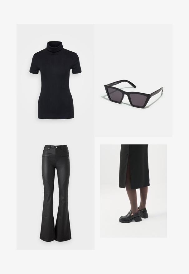 Fekete bordás garbó, rövid ujjú, testhez simuló dizájn, puha tapintás, minimális varrásokkal és magas gallérral.; Fekete trapéznadrág fényes, sima anyagból; elülső zsebekkel, fitted derekkal és díszvarrással a varratok mentén.; Fekete bőr cipők lekerekített orral, vastag blokk sarkakkal és elasztikus oldalsó díszítésekkel, sötét harisnyával és hasítékkal ellátott fekete szoknyával párosítva.; Fekete, szögletes napszemüveg szürke lencsékkel; műanyagból készült, vastag karokkal, sima felülettel és látható hardver nélkül.