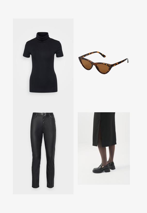 Haut à col roulé noir, manches courtes, design ajusté, texture douce, coutures minimales et un col montant.; Pantalons en simili cuir noir au design épuré, présentant une coupe ajustée, cinq poches et une fermeture à bouton à la taille.; Chaussures noires en cuir avec un bout arrondi, un épais talon bloc et des accents latéraux élastiques, associées à des bas foncés et une jupe noire avec une fente.; Lunettes de soleil style œil de chat avec une monture en écaille de tortue noire et orange, verres marron et pointes effilées et élégantes. Présente un logo minimaliste sur la branche.