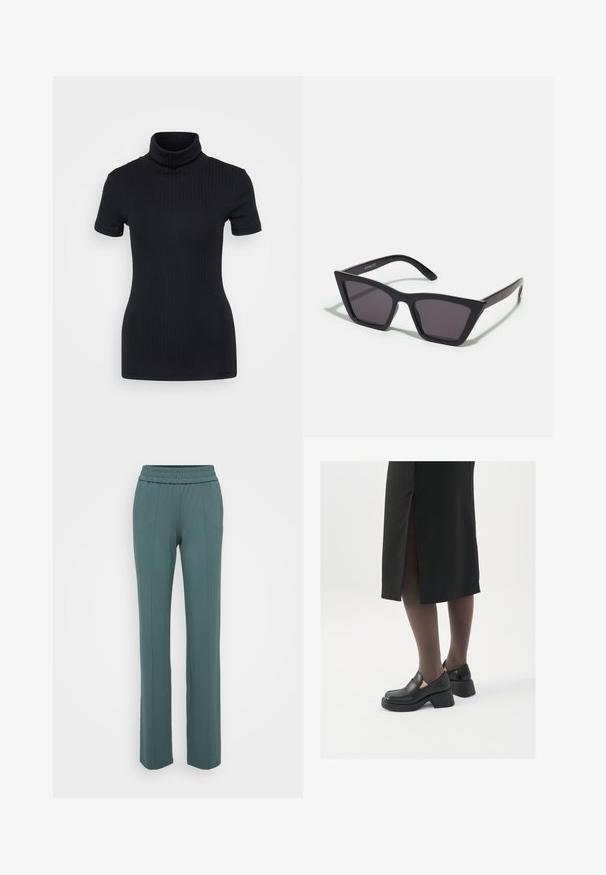 Černý žebrovaný rolák, krátké rukávy, přiléhavý design, měkká textura, minimální švy a vysoký límec.; Ty těchto tepláků v barvě tyrkysové, s elastickým páskem a rovnými nohavicemi, mají vertikální švy na přední straně a hladkou, měkkou texturu látky.; Černé kožené boty s kulatou špičkou, silným blokovým podpatkem a elastickými bočními akcenty, spárované s tmavými punčochami a černou sukní se rozparkem.; Černé, ostré sluneční brýle s šedými skly; vyrobené z plastu, s mohutnými rameny a hladkým povrchem bez viditelného hardwaru.