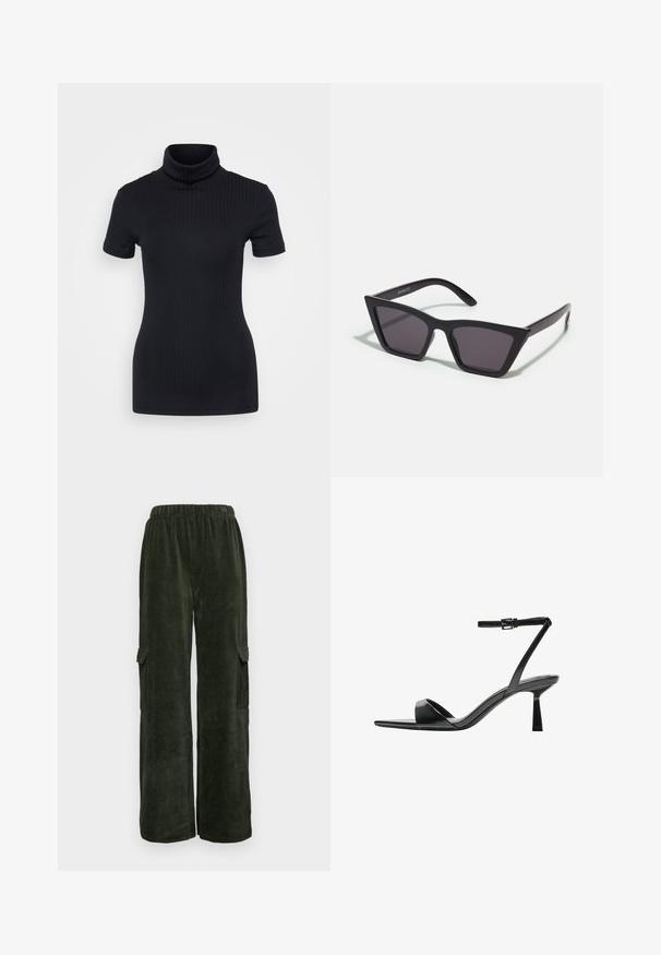 Čierny rebrovaný rolák, krátke rukávy, priliehavý strih, jemná textura, minimálne švy a vysoký golier.; Tmavozelené kordové cargo nohavice s voľným strihom, ktoré majú dve bočné vrecká a pohodlný elastický pás. Textúrovaná tkanina.; Bershka Sandále na vysokom opätku - black; Čierne, ostré slnečné okuliare so sivými sklami; vyrobené z plastu, majú hrubé ramená s hladkým povrchom a bez viditeľnej mechaniky.; Čierna kožená kabelka s guľatým, tvarovaným dizajnom, vybavená zlatým zámkom a jedným nastaviteľným popruhom. Hladká textúra.