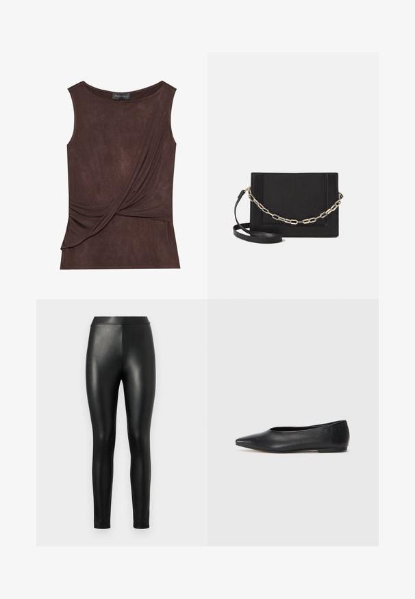 Topul fără mâneci de culoare maro, realizat dintr-un material ușor, se caracterizează printr-un design drapat și un accent lateral, având un decolteu rotund și o textură subtilă.; Leggins din piele sintetică negre cu o textură netedă, talie înaltă și o croială strânsă, concepute pentru a oferi un profil elegant.; Balerini din piele neagră, vârf ascuțit, design minimalist, textură netedă, toc de mică înălțime, fără hardware sau embellishments vizibile.; Geantă de umăr din piele neagră, cu o textură netedă, formă rectangulară și un detaliu din lanț metalic în față. Include curea reglabilă.