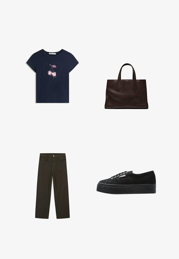 Navyblaues Baumwoll-T-Shirt mit kurzen Ärmeln, das vorne in der Mitte eine pinke Grafik mit zwei tropfenden Kirschen und einem Blatt zeigt.; Dunkelgrüne Jeans im weit geschnittenen Style, hergestellt aus einem Baumwollgemisch. Sie verfügen über einen Frontknopfverschluss, fünf Taschen und klassische Denim-Nähte.; Superga 2790 LINEA UP AND DOWN - Sneaker low - fullblack; Braune Ledertasche mit zwei langen Griffen, strukturierte rechteckige Form, glatte Textur und dezente Nähdetails.